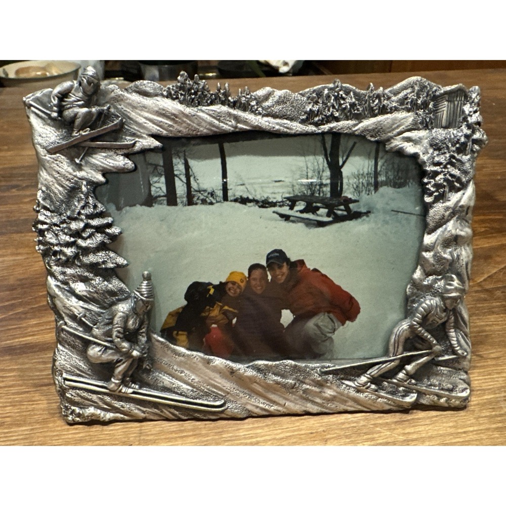 6" x 7" Silver Metal Picture Frame Ski & Snow 3D Vintage Heavy